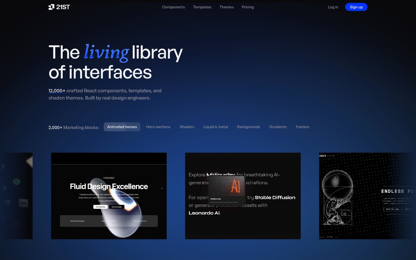 Página inicial da 21st.dev: fundo navy escuro e o título “The living library of interfaces” com a palavra living em itálico cursivo azul