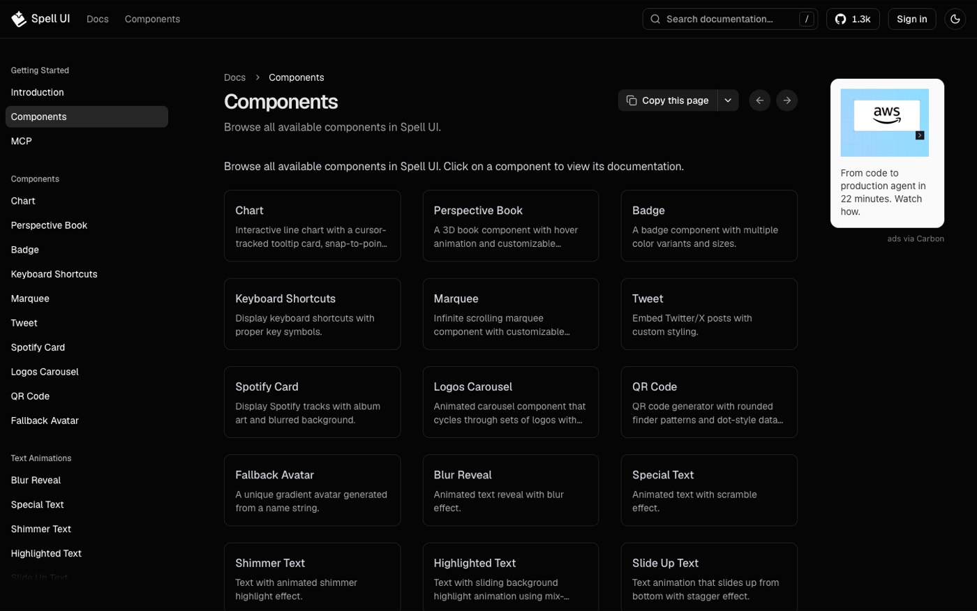 Catálogo do Spell UI com componentes como Perspective Book, Blur Reveal, Shimmer Text e Marquee